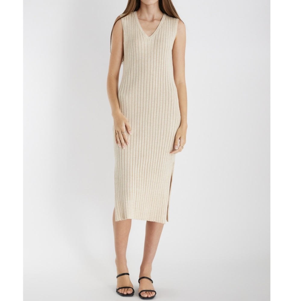 Mod Ref Jada beige ribbed knit long midi bodycon lee less dress NWOT size Small